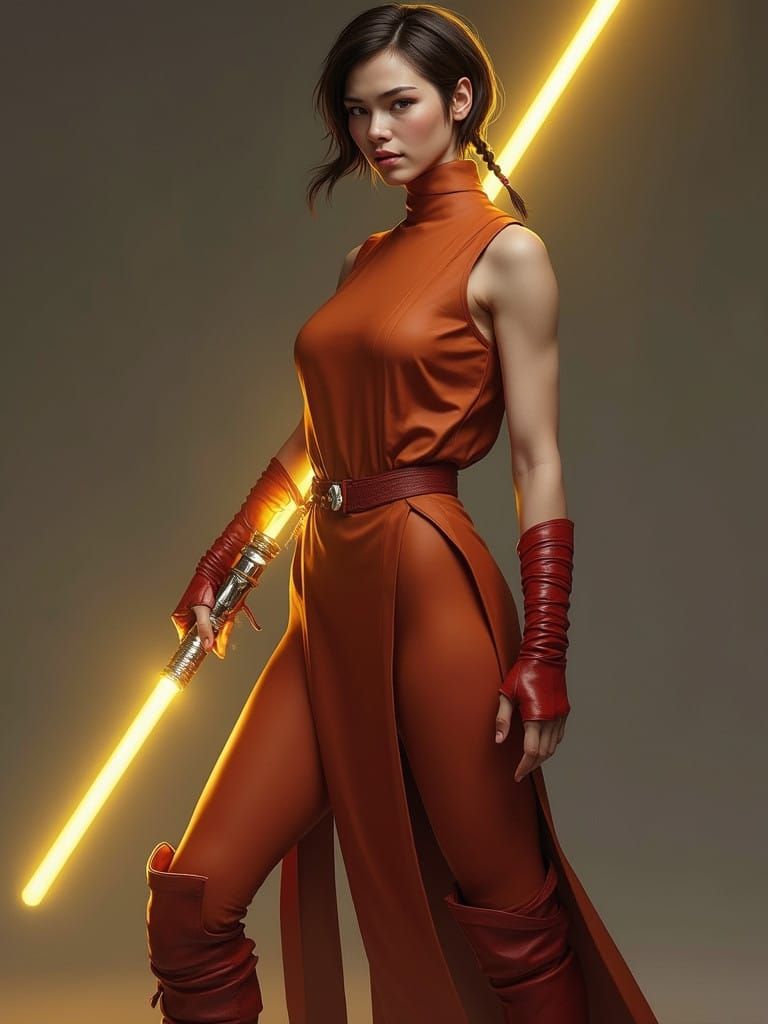 Mid 20s Dark Brown Haired Jedi Woman in Battle Pose, Fantasy...