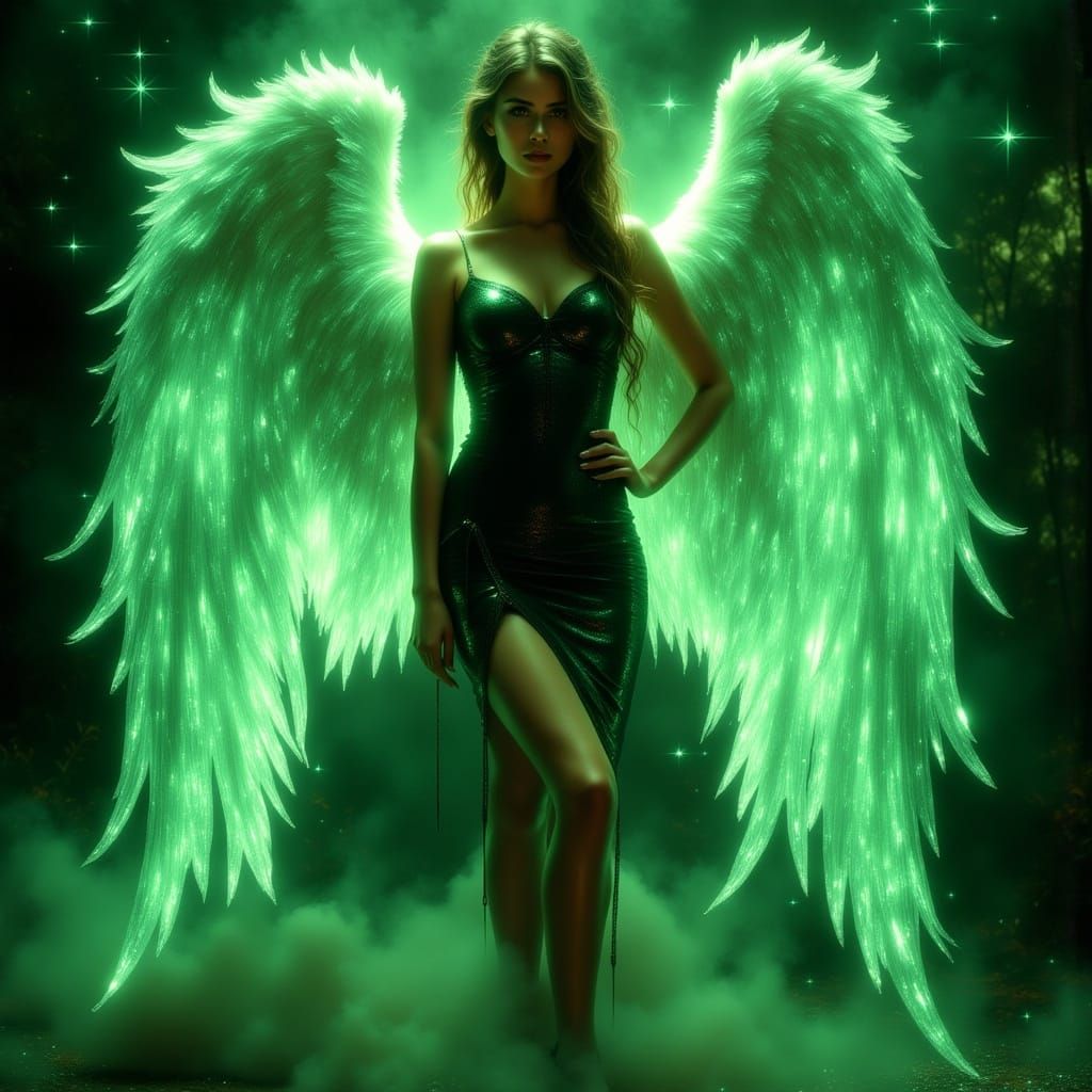 Angelic Woman with Neon Wings in Hollywood Style