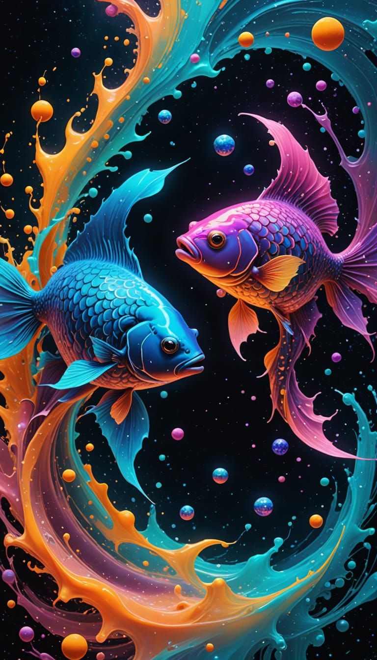 Vibrant Cosmic Splash of Majestic Fish in Neon Colors