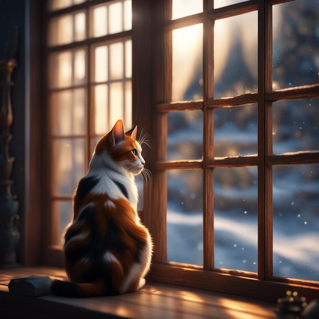 Calico Cat Gazing at Winter Snow, Detailed Matte Painting