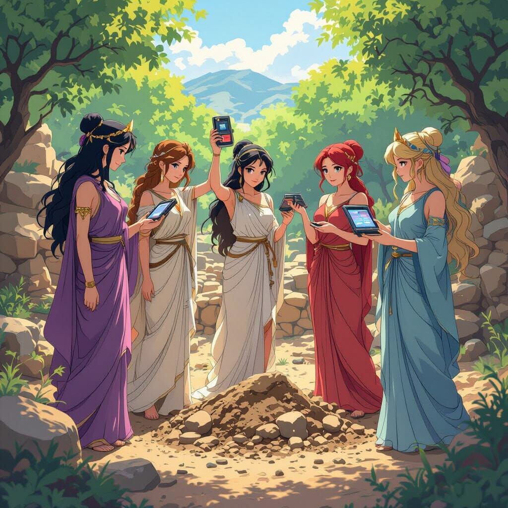 Goddesses at Dig Site in Anime-Inspired Style