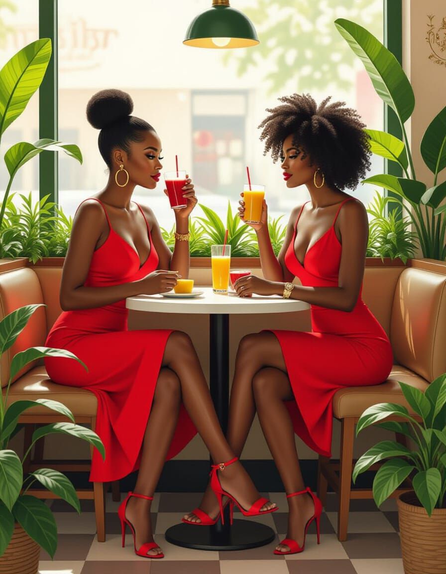 Black Woman Brunching in Red Dress, Contemporary Portrait