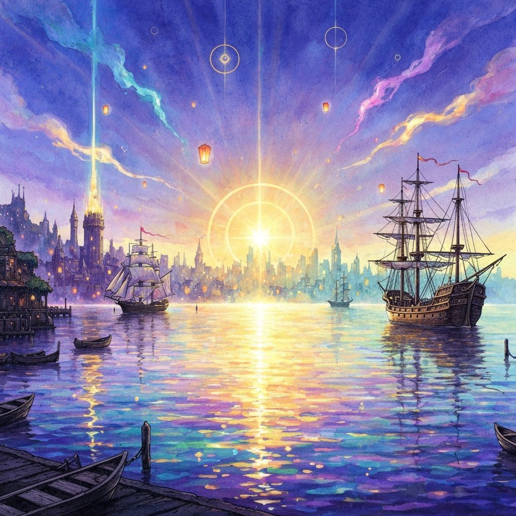 Ethereal Dreamscape Harbor with Majestic Ships in Luminous W...