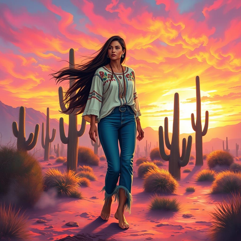 Surreal Desert Goddess in Vibrant Sunset Landscape