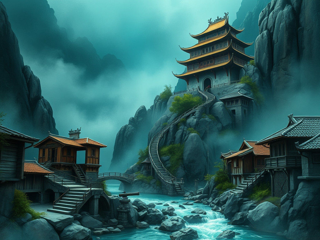 Ancient Chinese Temple Amidst Foggy Cliffs and Village