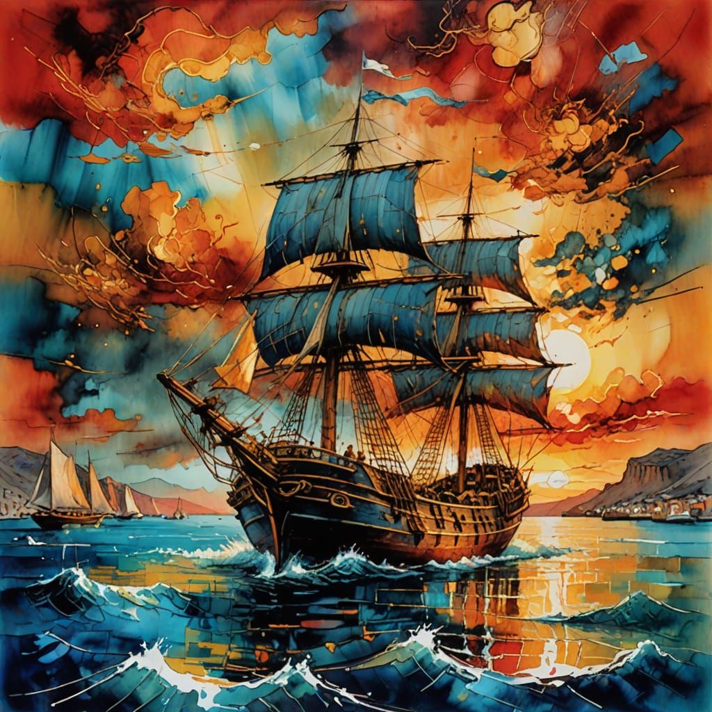 Greek Ship Sails in Harbour at Sunset