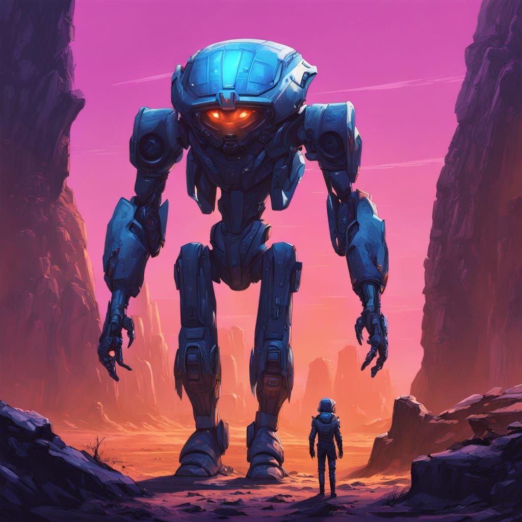 Futuristic Concept Art: Woman and Robot on Alien World