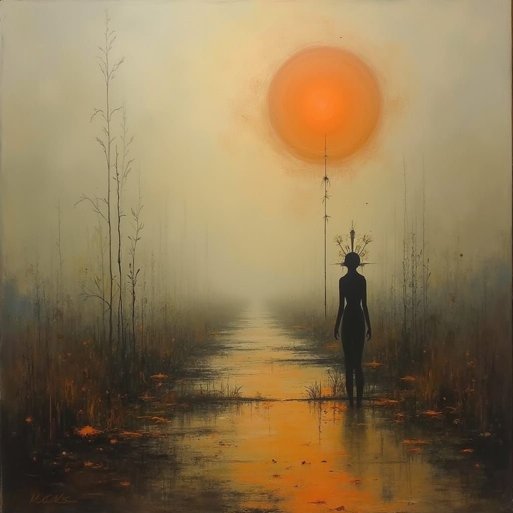 Surreal, Abstract Scene in a Foggy, Grey-Brown Environment w...