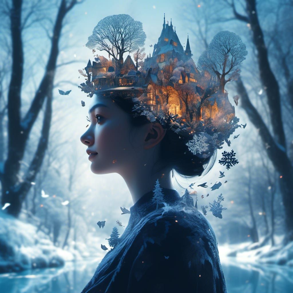 Fairytale Winter Wonderland Double Exposure Collage Art