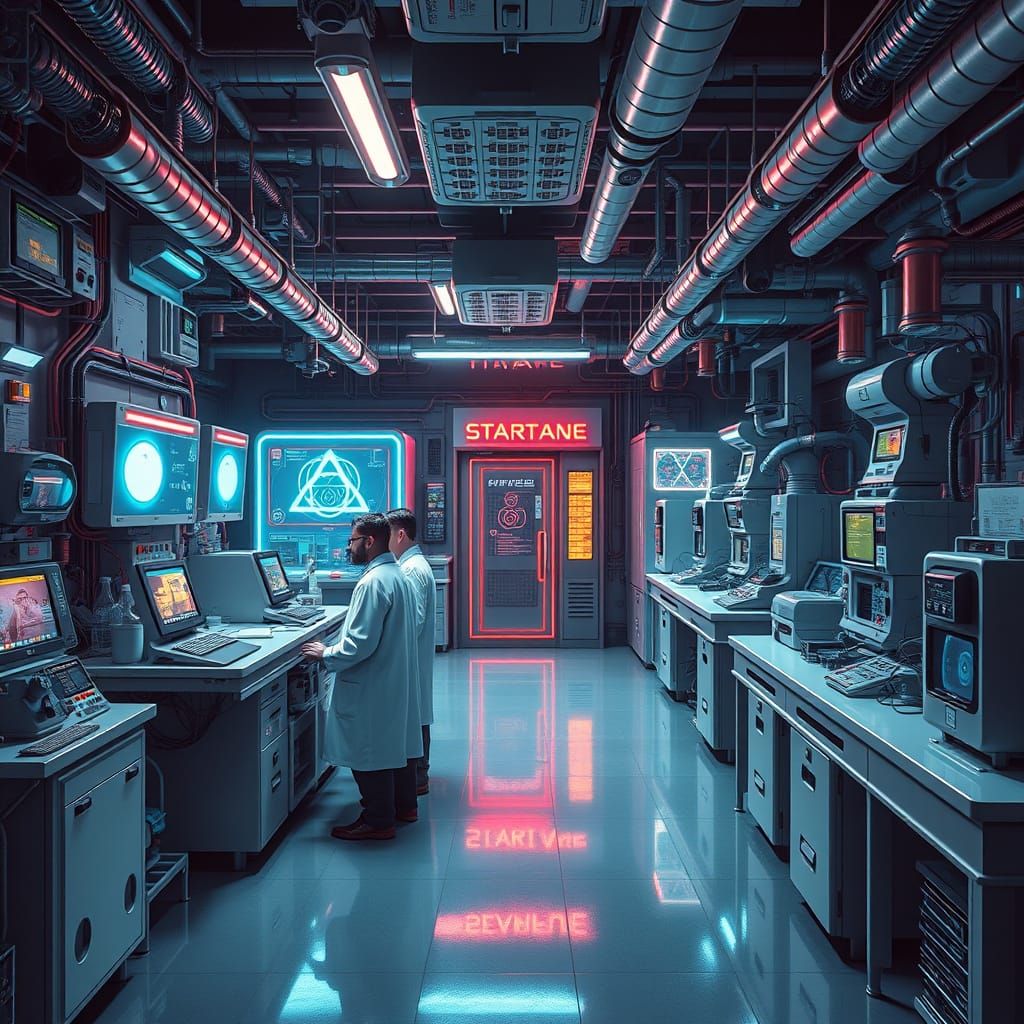 Futuristic Quantum Lab in Cyberpunk Style