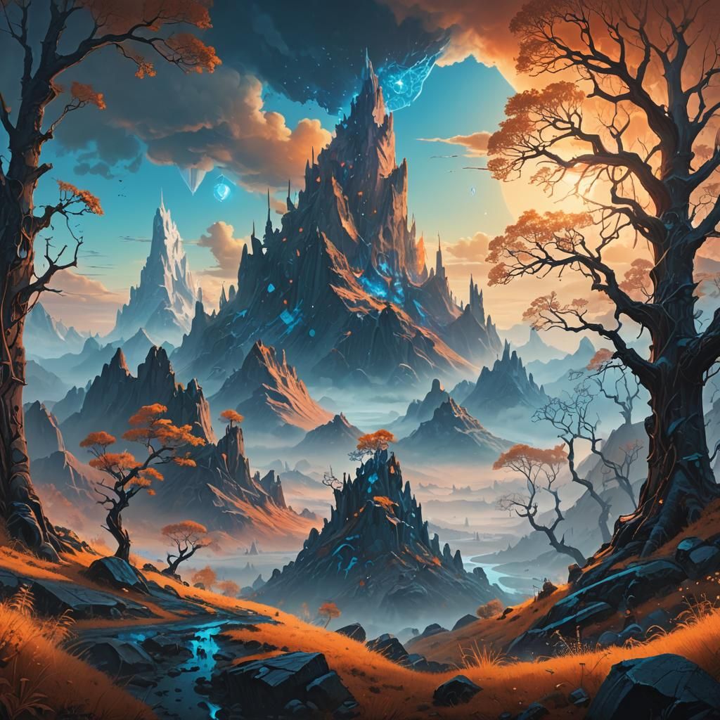 Mystical Crystal Mountain Landscape in Fantasy Style