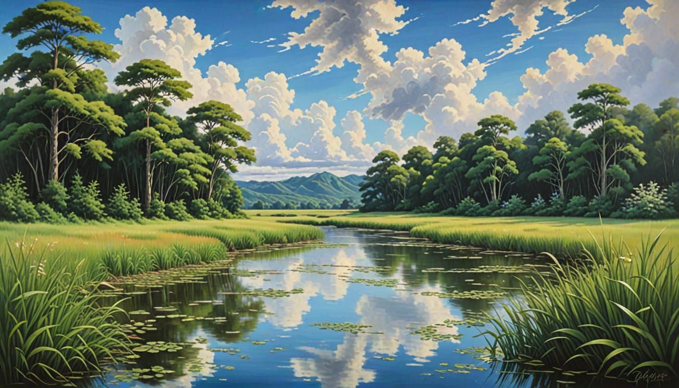 Luminous Japanese Landscape in Traditional Oil Painting