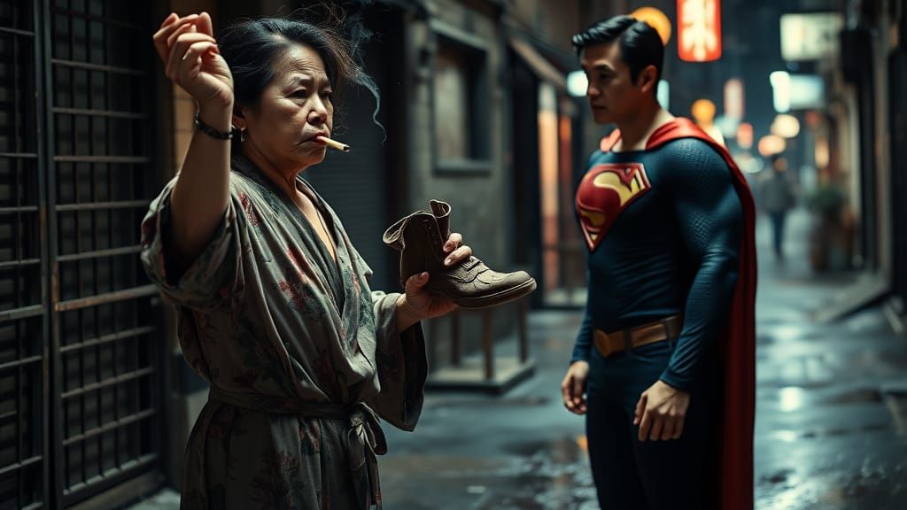 Exhausted Chinese Woman Confronts Superman in a Gritty Alley...