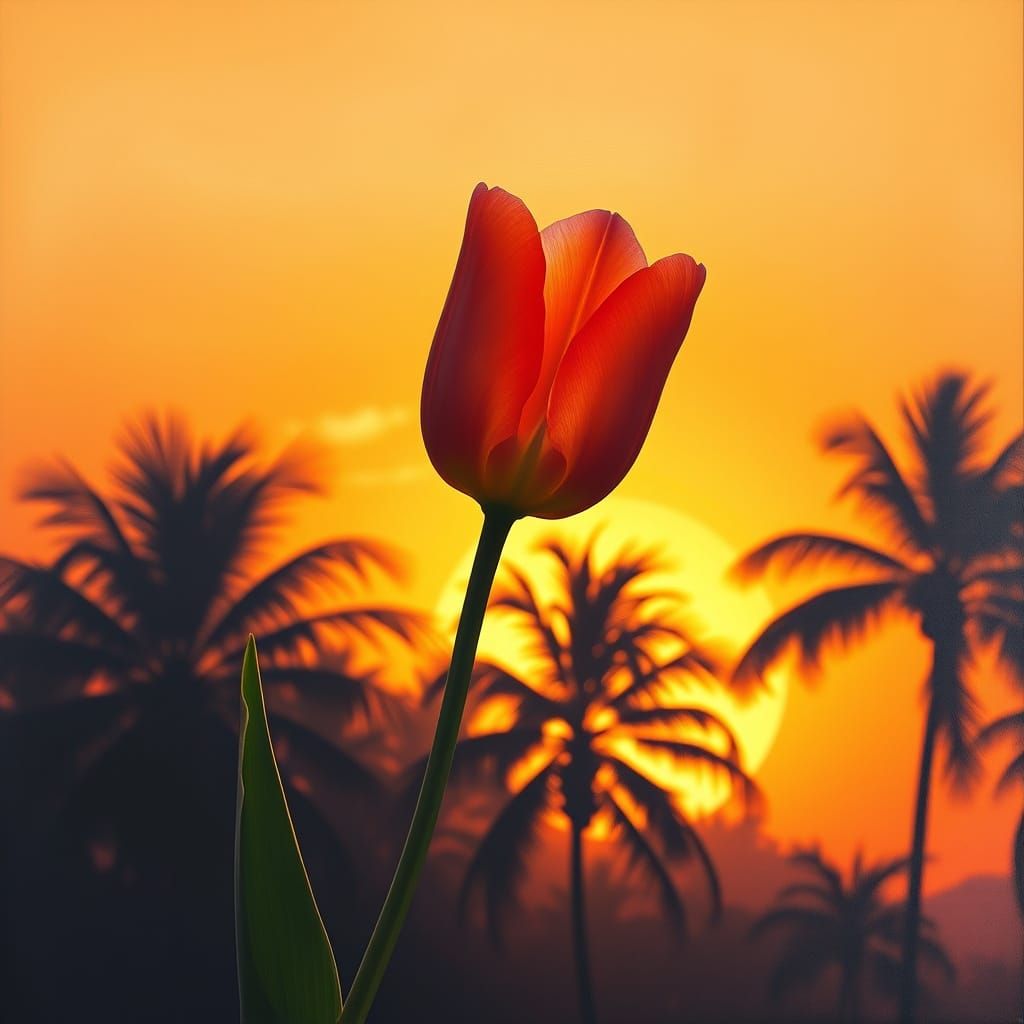 Velvety Tulip Sways in Sunset Glow with Palm Trees