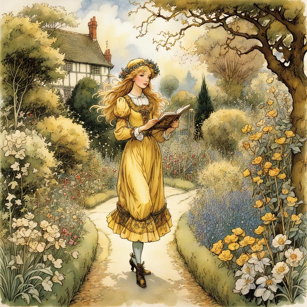 Girl in Garden Inspired by Classic Illustrators