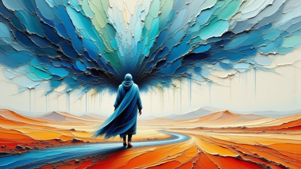 A voyageur in a surreal environment