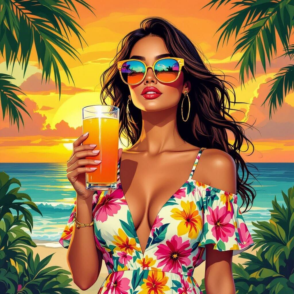 Tropical Beach Sunrise with Woman in Pop Surrealism Style