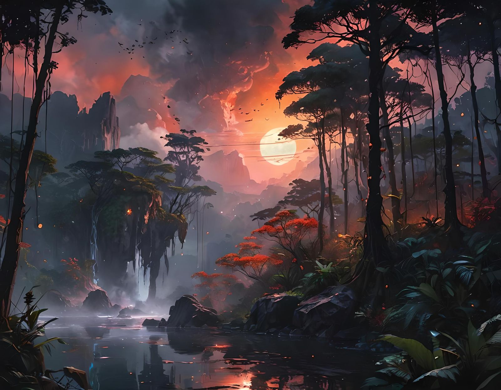 Epic Rainforest Landscape with Blood Moon