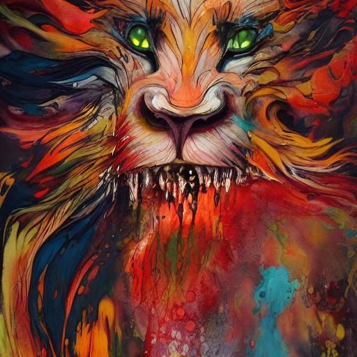 Terrifying Ghost Lion in Liquid Ink Splatter Style