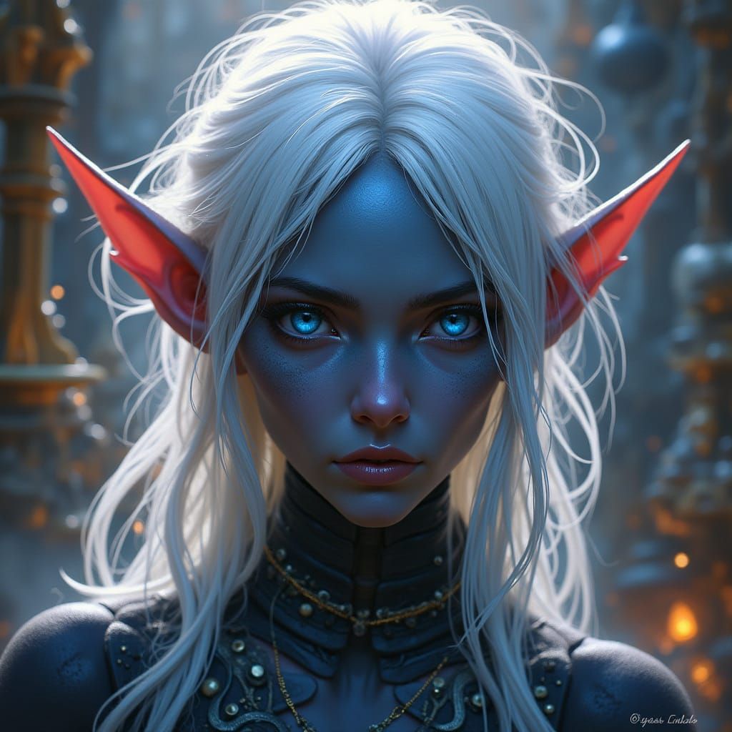 Steampunk Elf with Electric Blue Eyes in Ethereal Mist