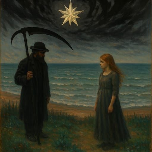 Leaden Star and Shattered Sky Guarding Girl on Seashore