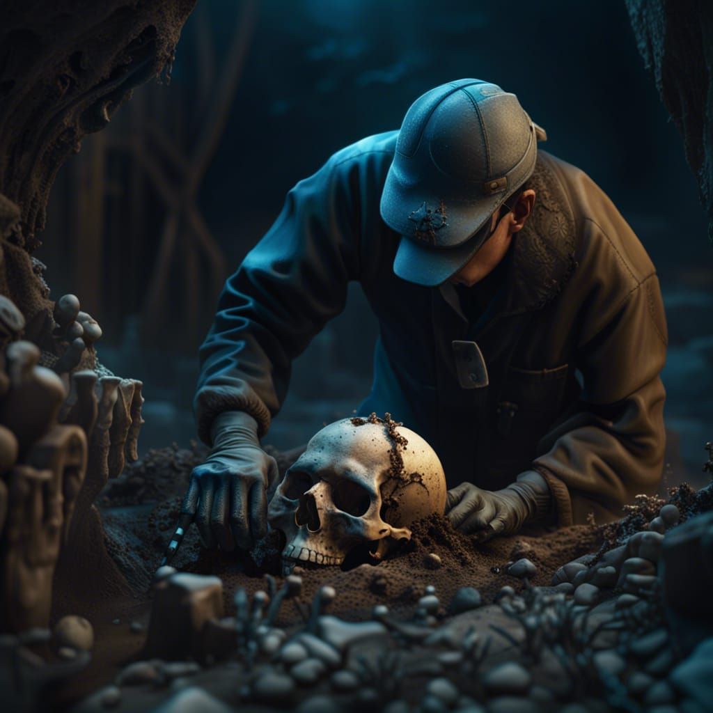 Archaeologist Cleaning Skeletal Remains: Fantasy Concept Art