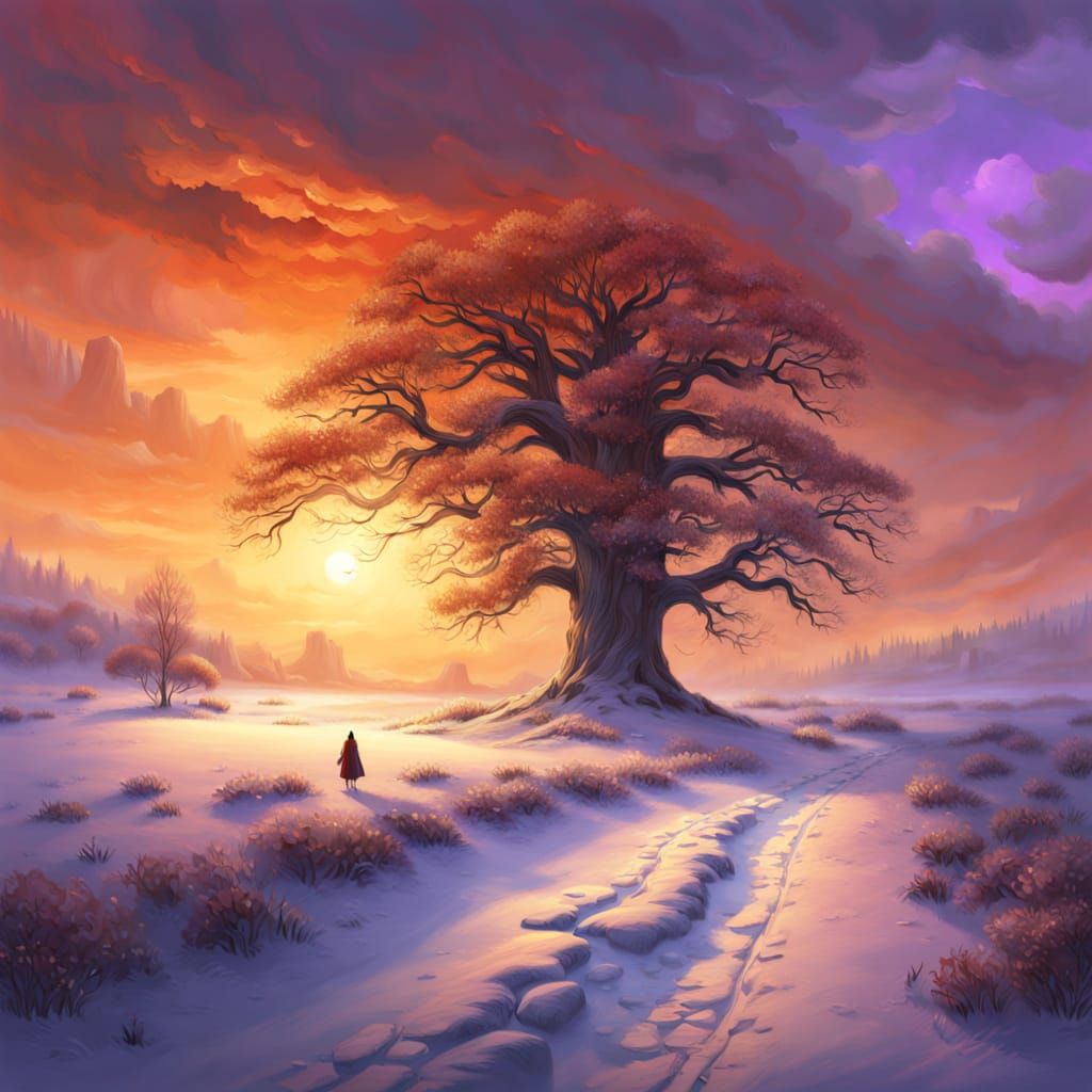 Fantasy Winter Sunset Matte Painting with Snowy Path
