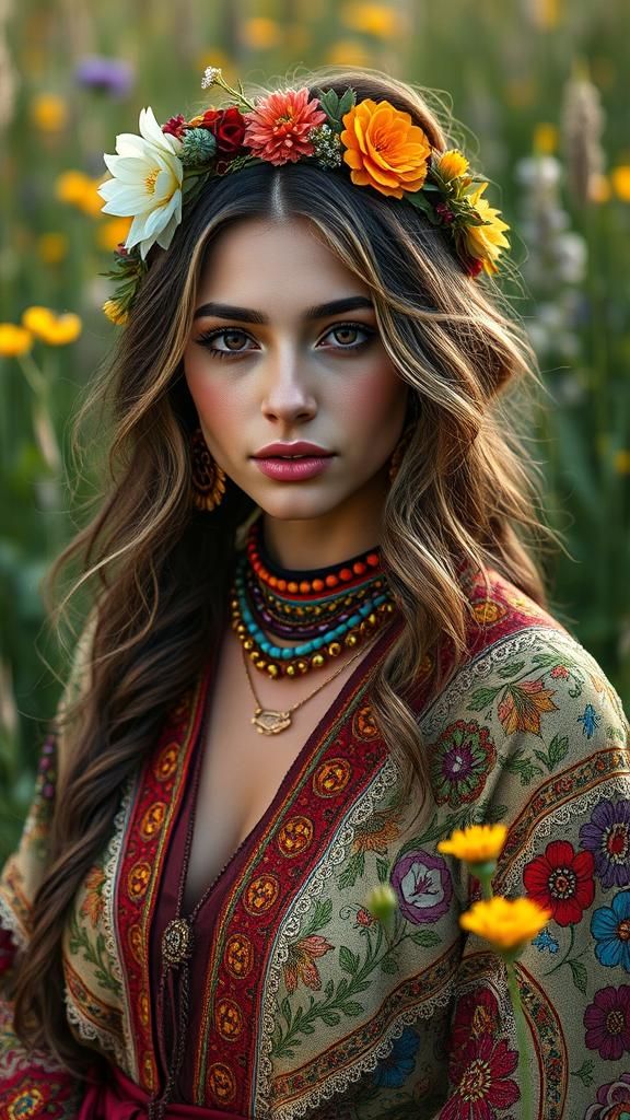 Hyperrealistic Portrait of Woman in Bohemian Attire