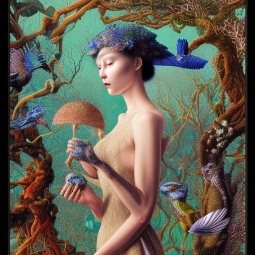 Bird-Human Hybrid in Mycelium Network, Fashion Magazine Art