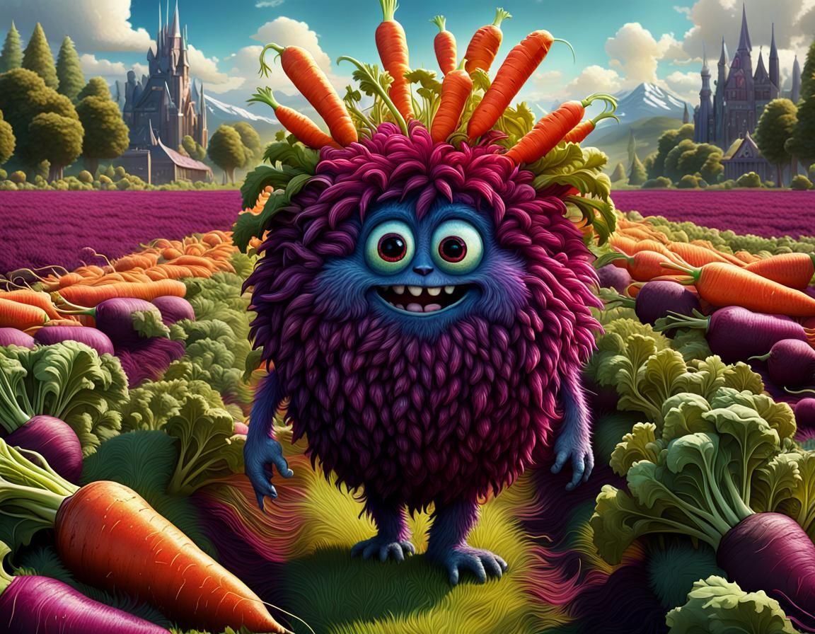 Cute Beet Monster in Carrot Field, Surreal Art