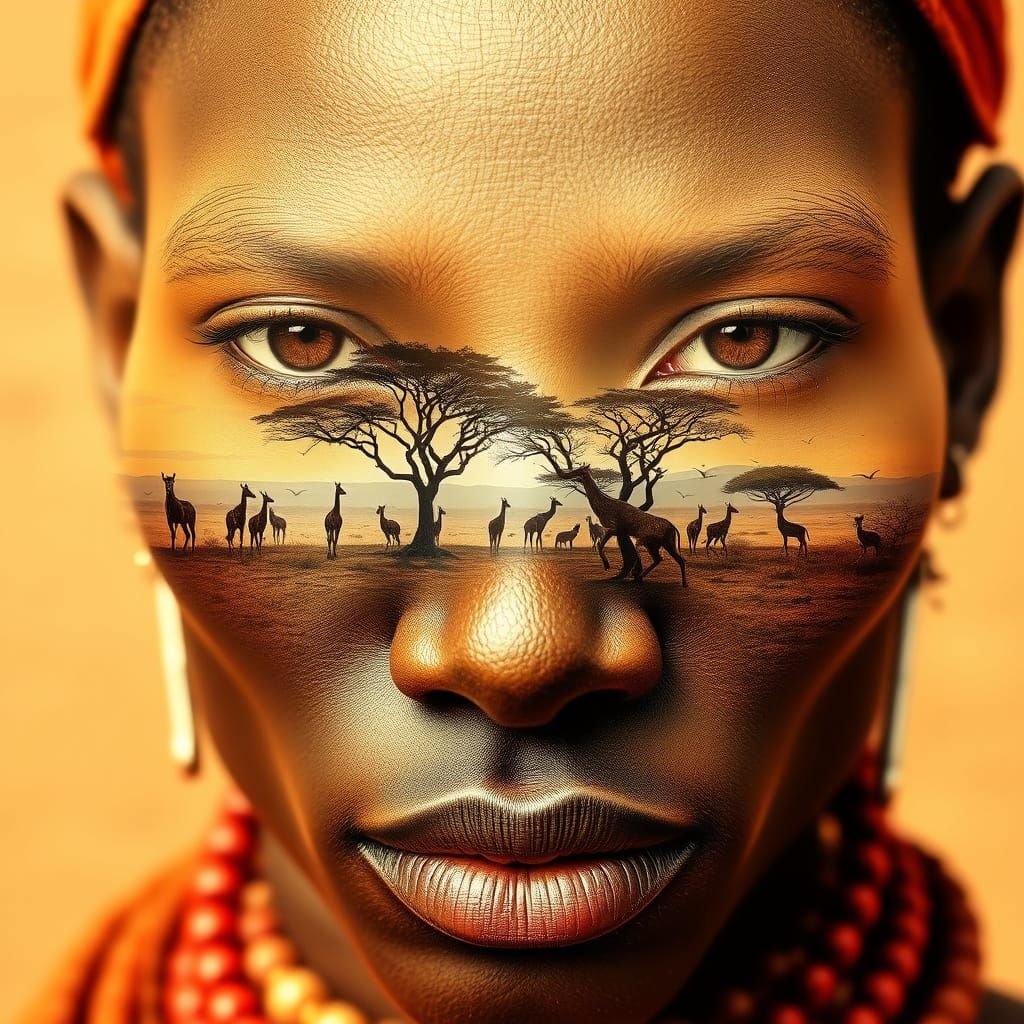 double exposure Massai Warrior's face, Serengeti trees giraf...