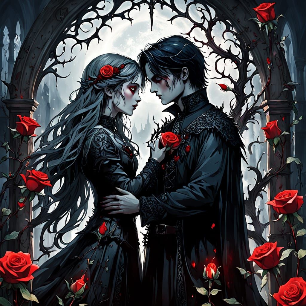 Gothic Garden Embrace Under Blood Moon