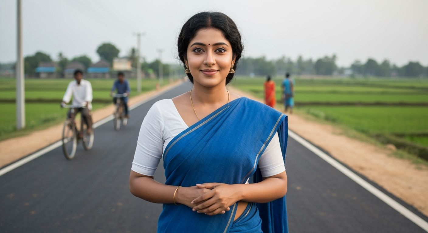 Proud Indian Woman Walks Village Road in Cinematic Style