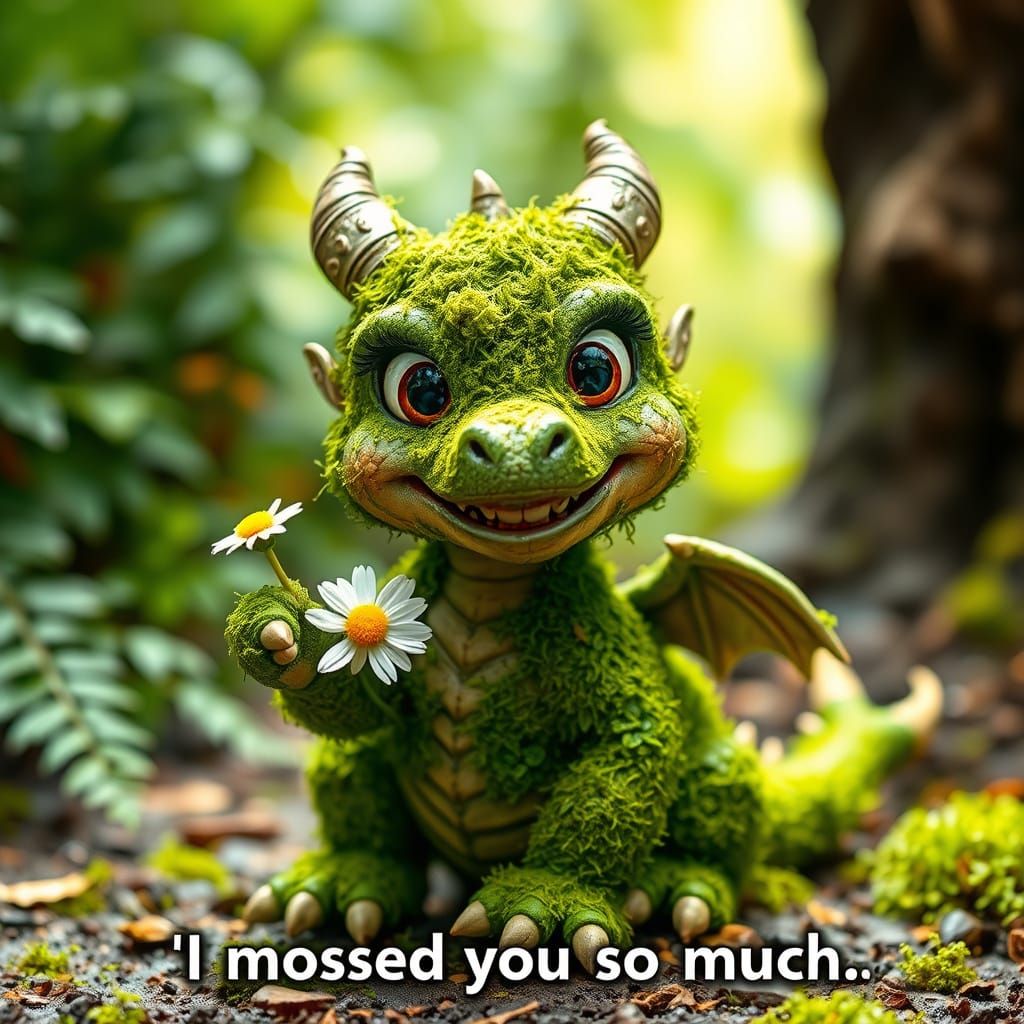 Moss Dragon Offering Daisy in Forest Setting