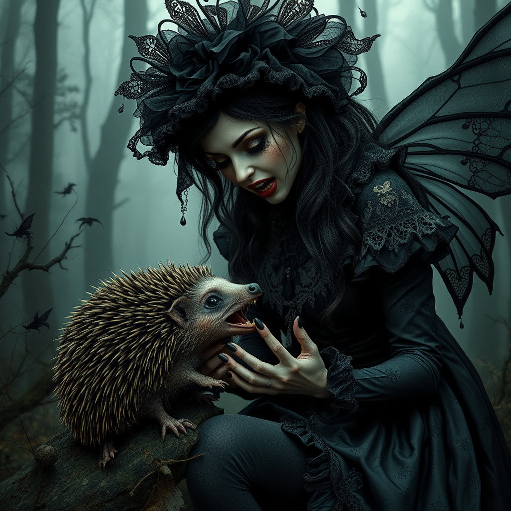 Gothic Fairy About to Bite Hedgehog in Forest