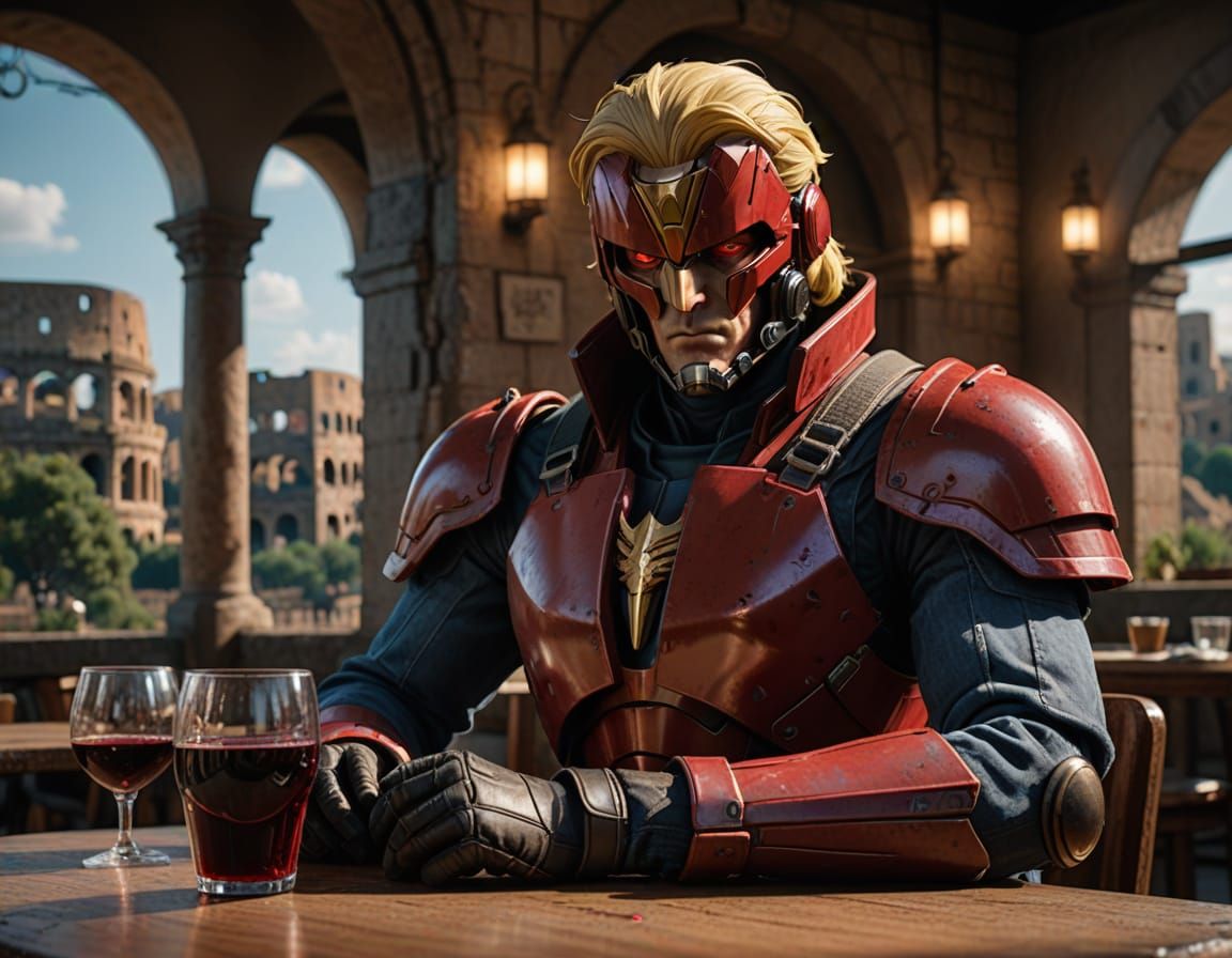 Char Aznable in Grunge Style, Intense Portrait in Roman Café