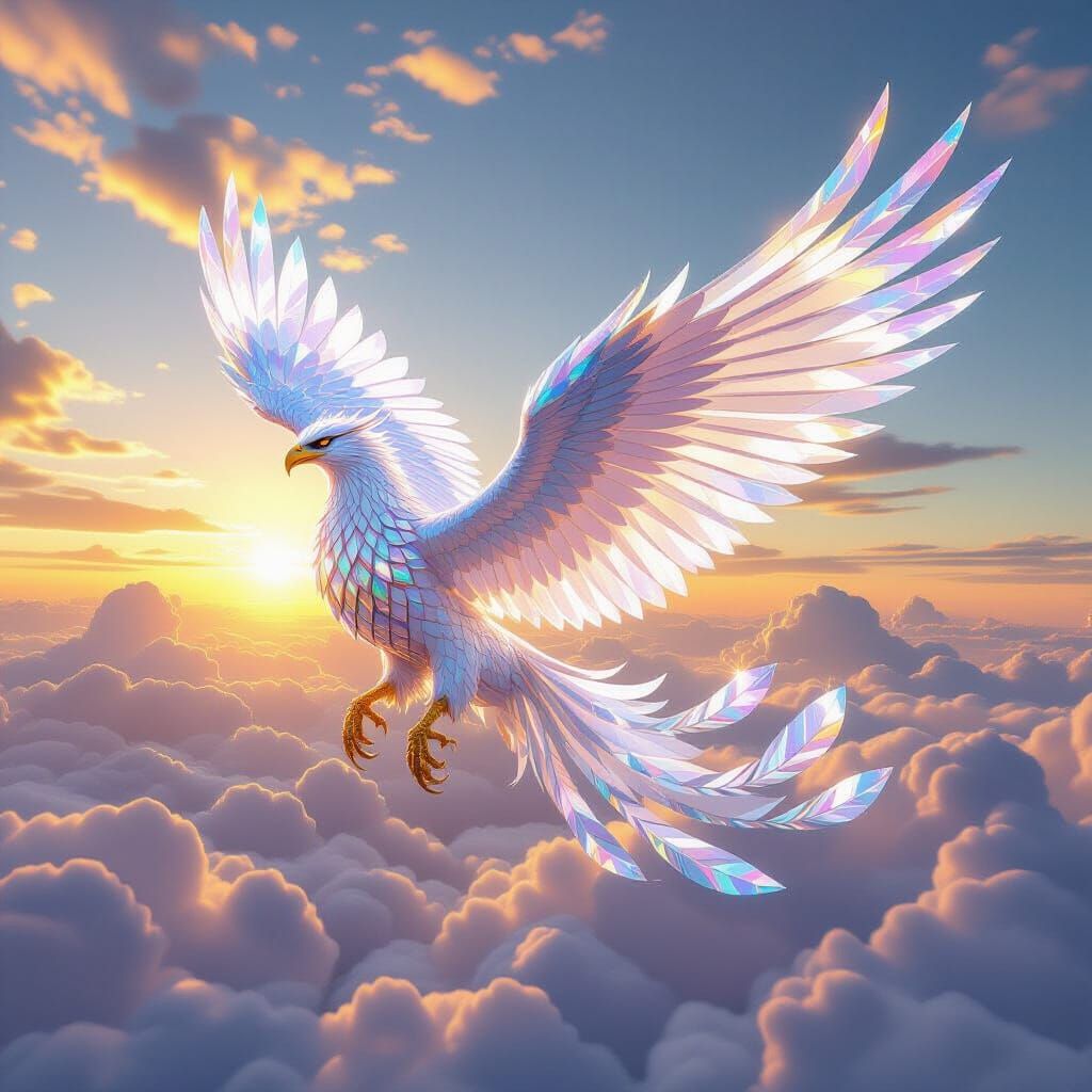Diamond Griffin Soaring Above Clouds in Golden Hour Light