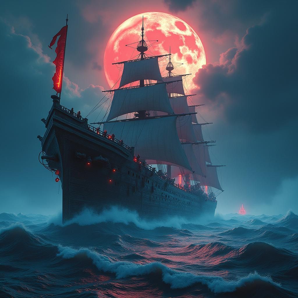 Neon Bushido Armada Amidst Stormy Seas