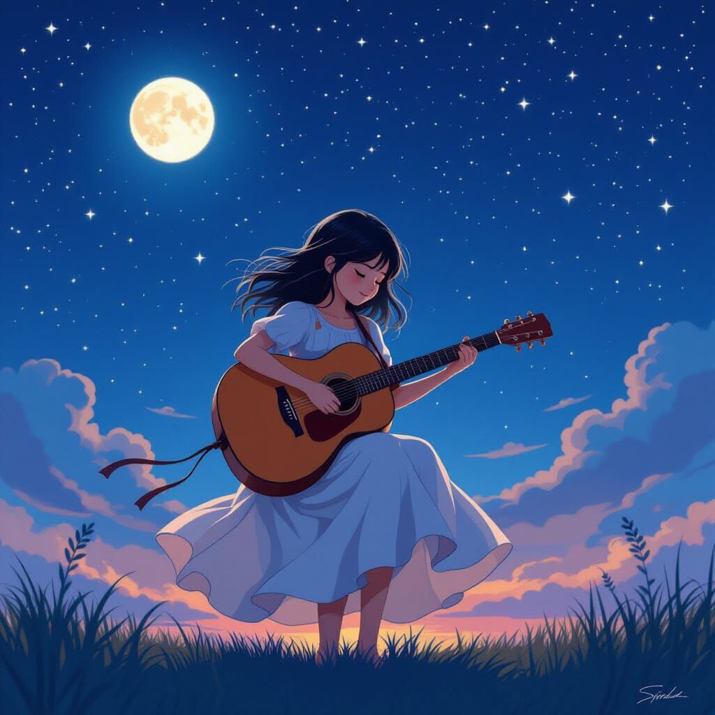 Girl Playing Guitar Under Starry Night Sky