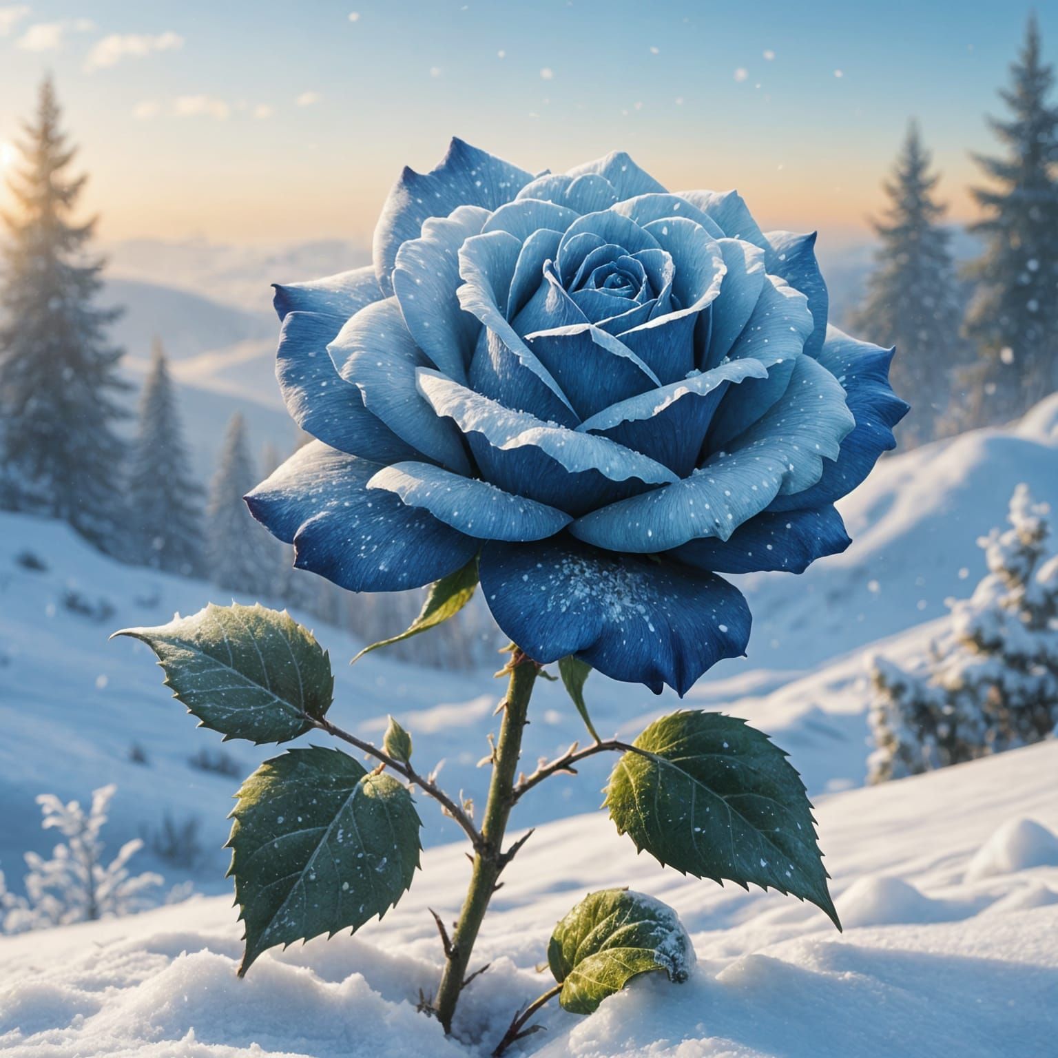 Spectacular Blue Rose on Snowy Hill