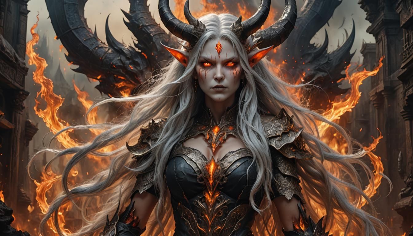 Demoness with Silver Hair Amidst Hellfire