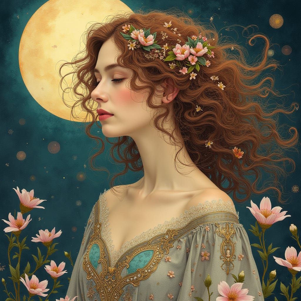 Art Nouveau Woman Under Moonlight with Plum Blossoms