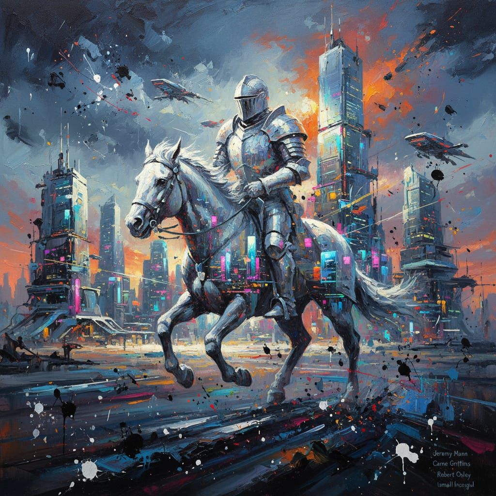 White Knight Merged with Futuristic Cityscape in Rough Brush...