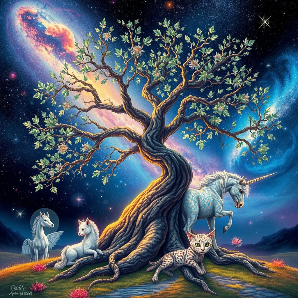 Cosmic Willow Tree with Celestial Animals