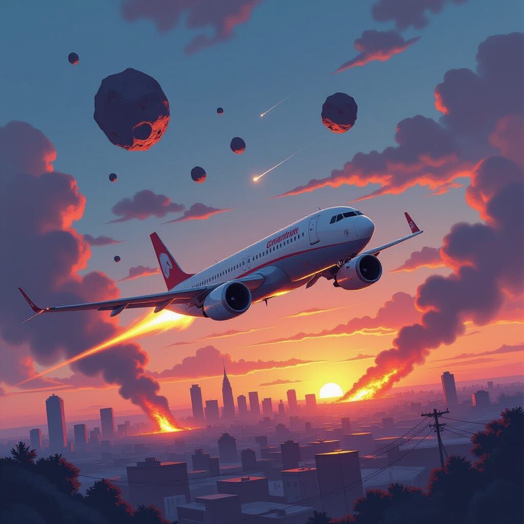 Cartoon Plane Over Burning Cityscape in Fantasy Art Style