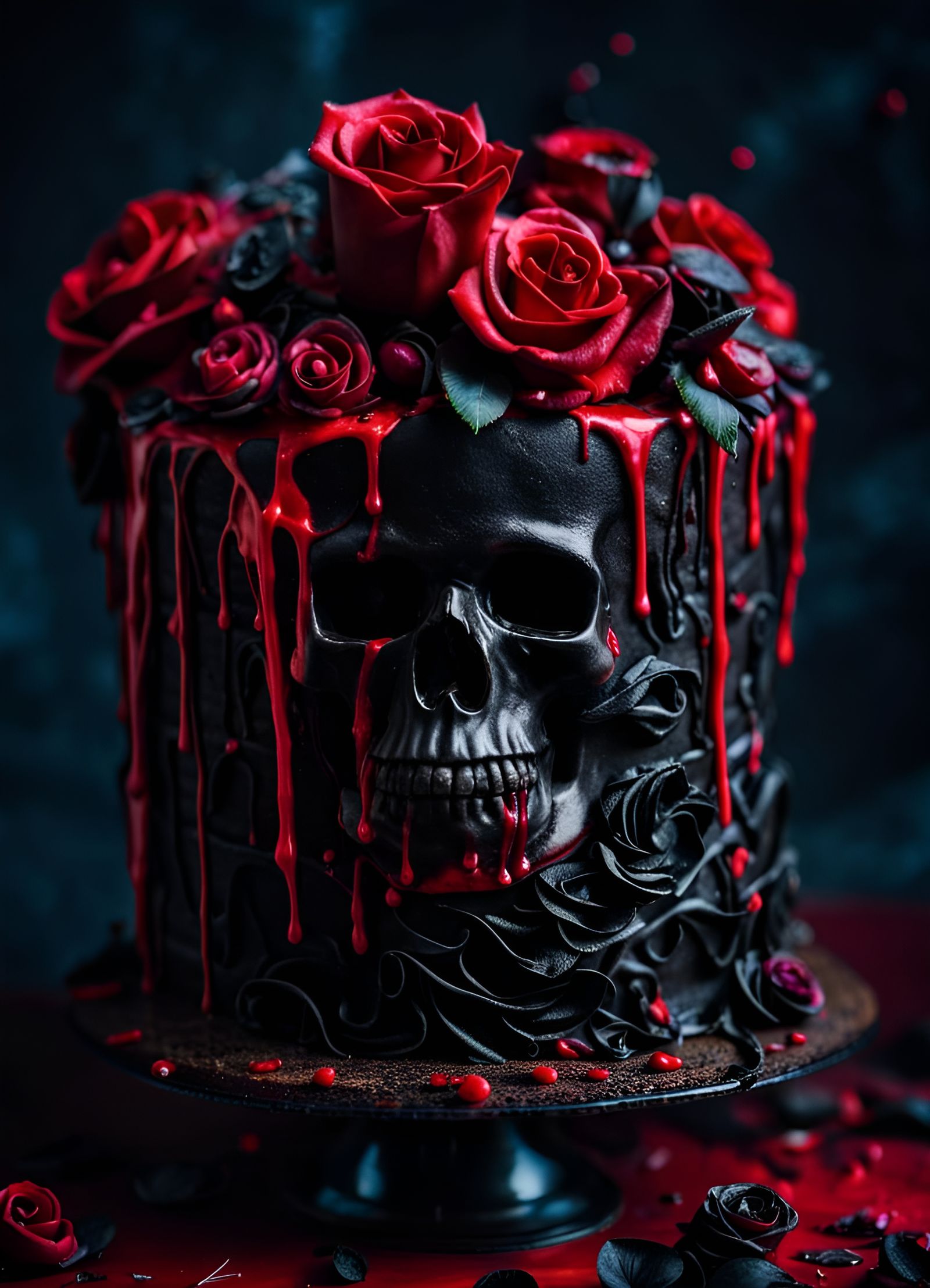 Gothic Wedding Cake with Black Roses and Skulls
