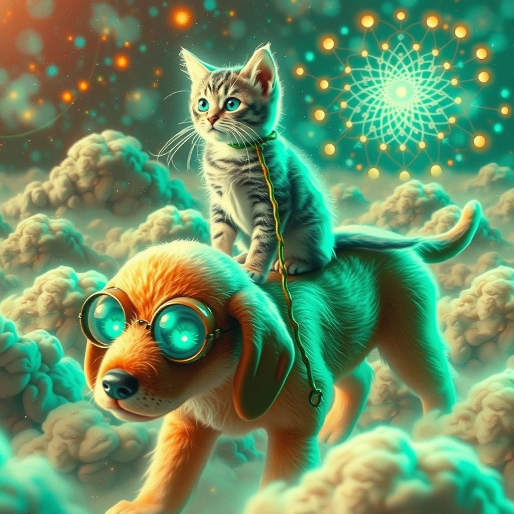 Surreal Kitten-Parakeet Robot Dog Hybrid in Surrealist Style