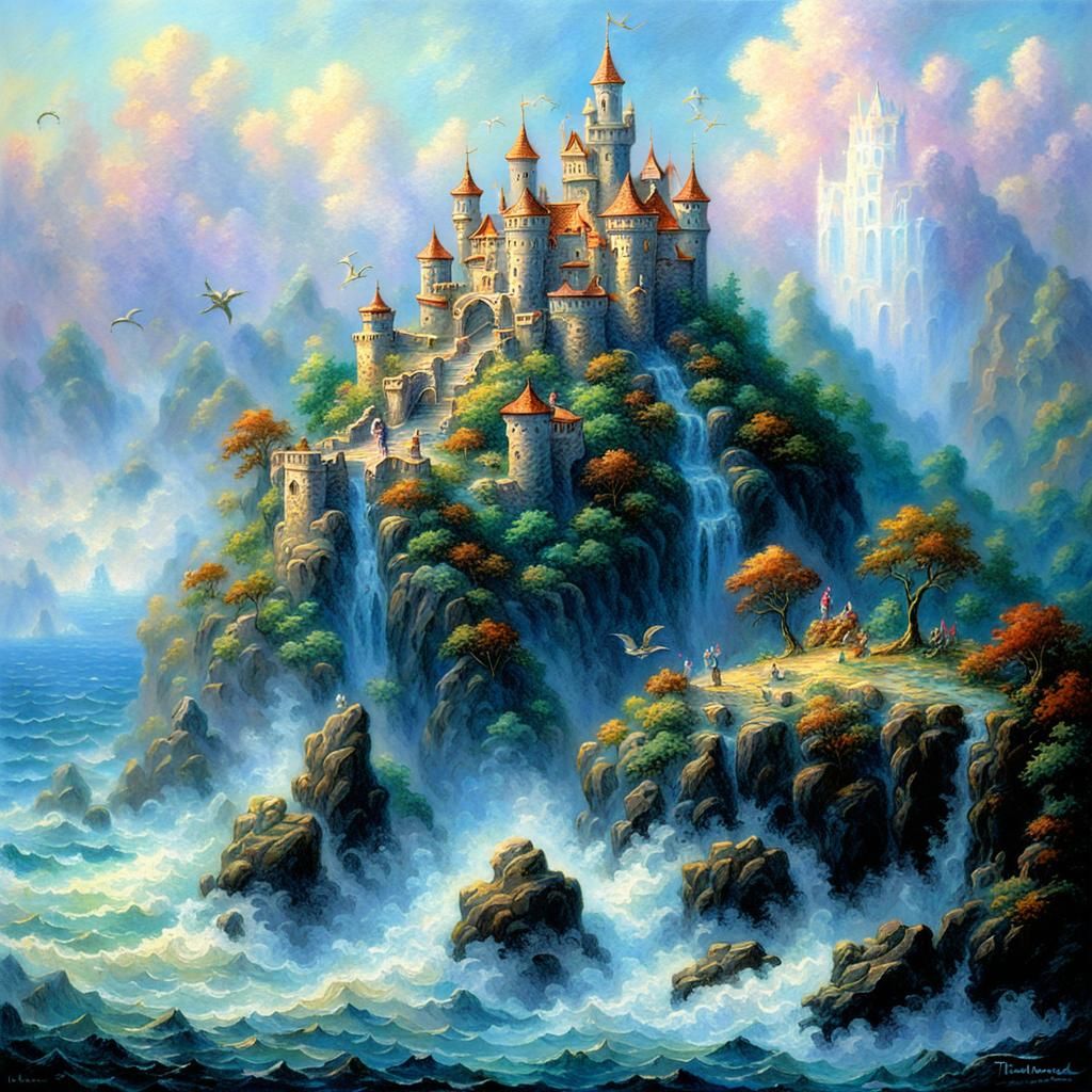 Bronze Castle in Ocean with Mermaids, in Fantasy Style