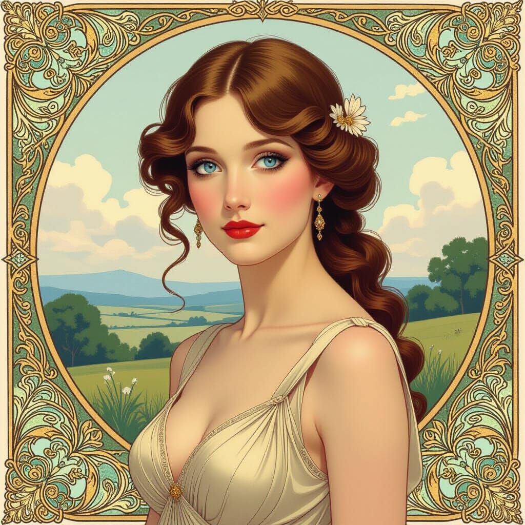 Elegant Woman with Blue Eyes in Art Nouveau Style