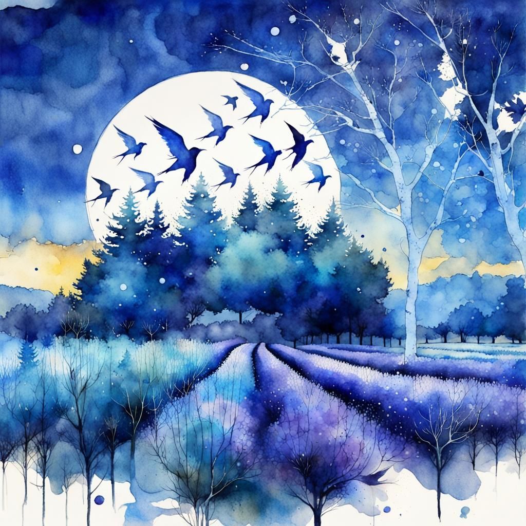 Blue Forest Moonscape in Watercolor Art Brut Style